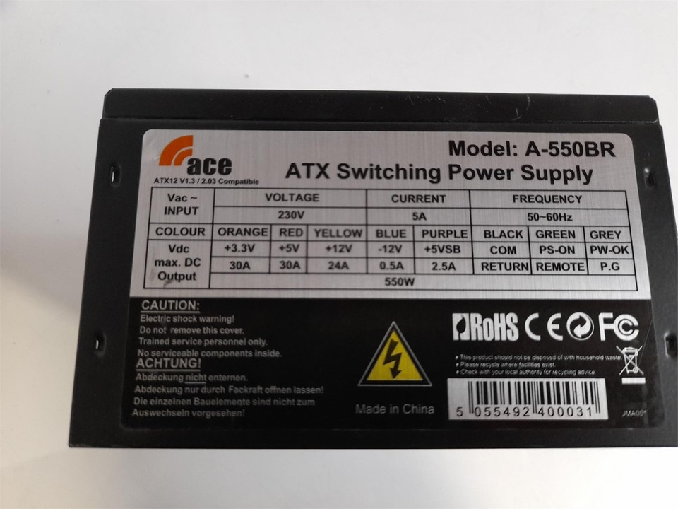 Alimentation PC Ace Black 550W, Format ATX, Non Modulaire, Neuve En Boîte