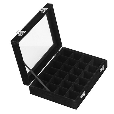24 Section Velvet Glass Jewelry Ring Display Organiser Box Tray Holder Earrin...