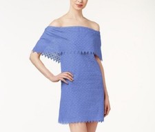 NWT Kensie Periwinkle Blue Cotton Lace Eyelet Off-Shoulder Dress Tiered Lined S 