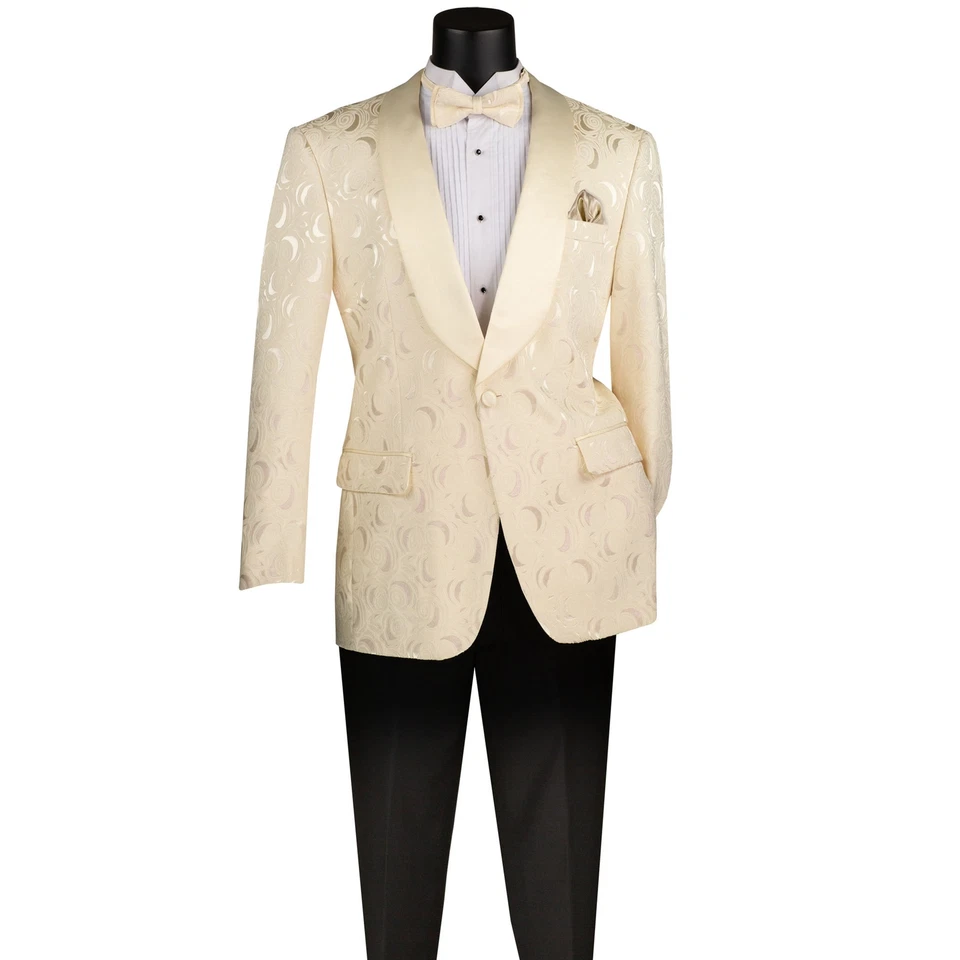 Chaqueta de Esmoquin VINCI Para Hombre Champagne Floral Jacquard Cuello Chal con Pajarita - NUEVA Foto 3 de 3