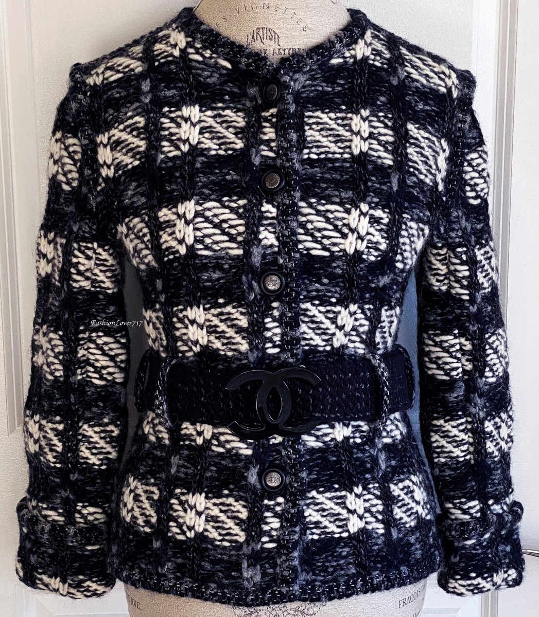 CHANEL 17A BLACK GREY WHITE NAVY KNIT WOOL TWEED CC LOGO BELT