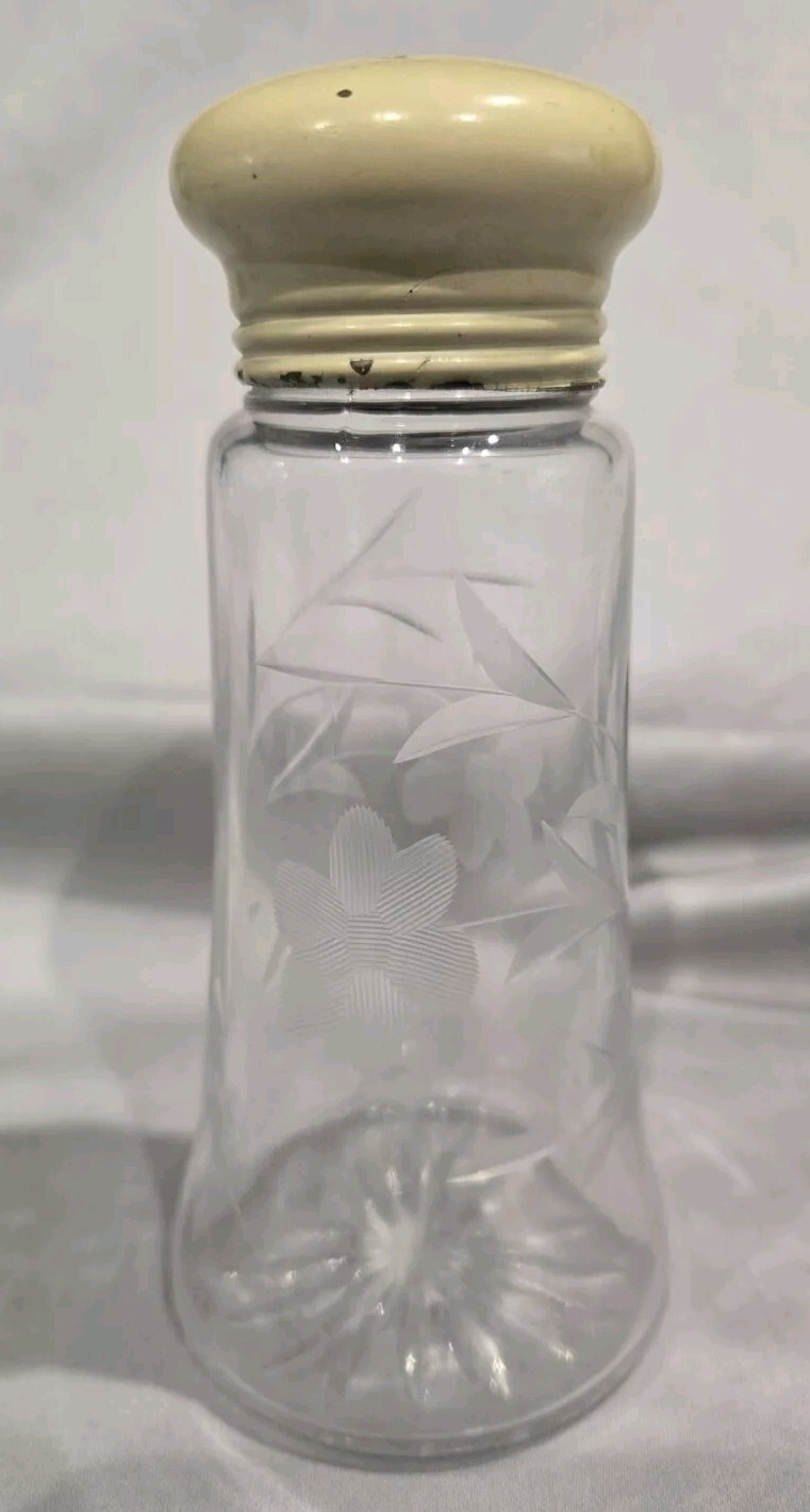 Vintage Floral Etched Glass with Pale Yellow Star embossed lid shaker