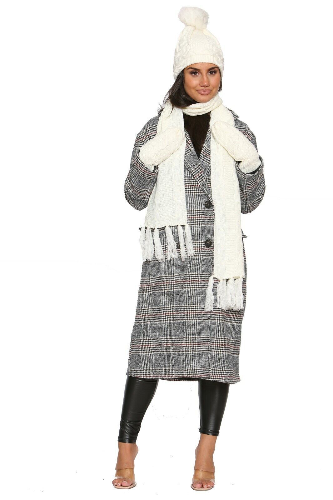 Women Ladies Knitted Woollen Wooly Hat Scarf & Mitten Set Warm Cozy