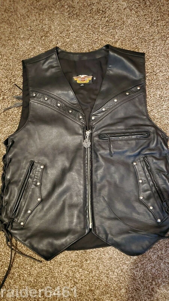 Harley Davidson Leather Vest Vintage Conchos Border Springer Hawk USA Men's M EC Foto 2 de 4