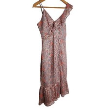 Lulus Fleur Allured Grey Lace Midi Dress Metallic Silver Orange Floral Ruffle S