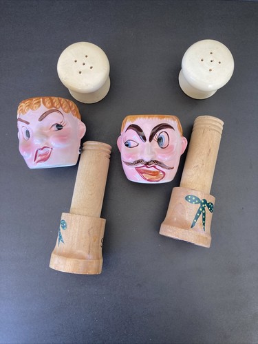 Vintage Fred Roberts Co Suzette & Pierre Wood & Ceramic Salt and Pepper Shakers - Picture 7 of 10