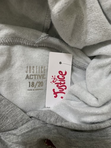 Justice Girls Hoodie Sweatshirt Gray Fleece Pullover Red White Blue Logos 18/20 - Picture 8 of 11