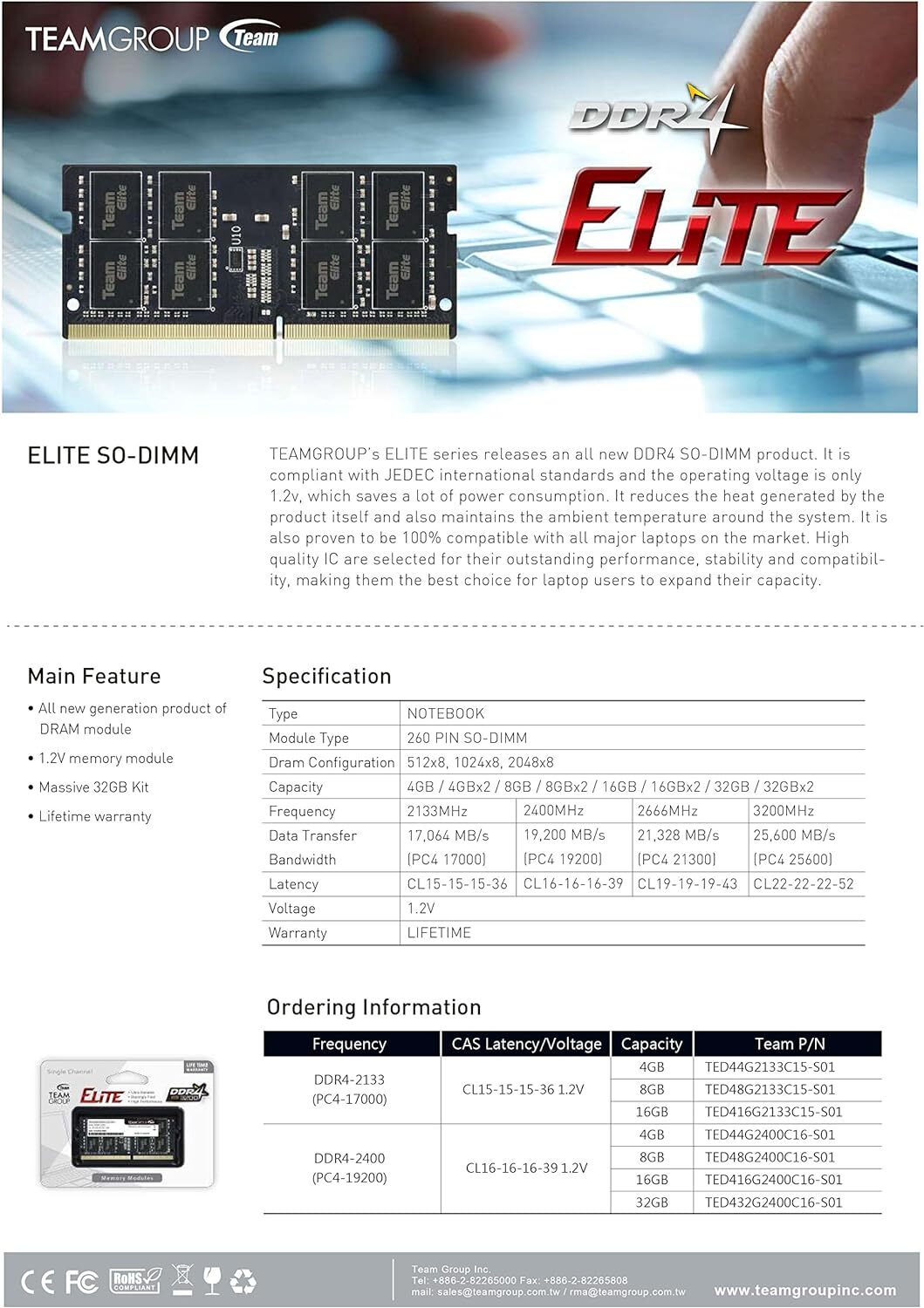 Team Group Elite 16gb So-dimm Ddr4 2666 1.2v Memory Module for All 