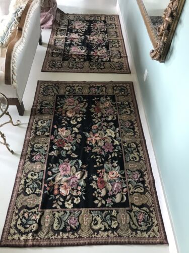 Gorgeous Vintage Pair 4 X 6 Needlepoint Floral Pink Roses Rugs
