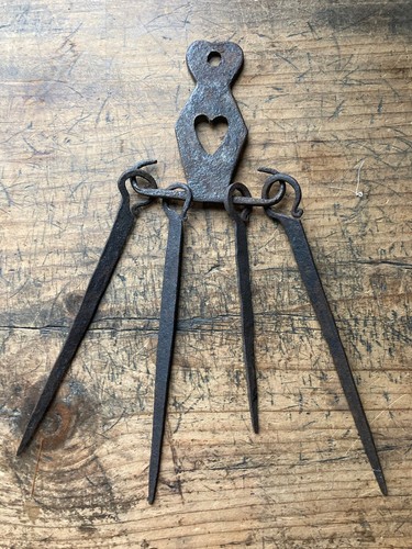 HEART! Antique 18TH C Wrought Iron Fireplace Hearth Meat 4 Skewer & Hanger Set