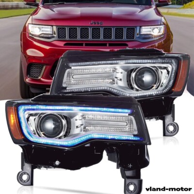 VLAND Chrome LED Headlights For 2014-22 Jeep Grand Cherokee Blue DRL Startup Set