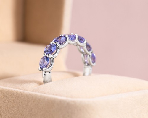 Luxury 3.42 Carat Purplish Blue Tanzanite Ring | Half Eternity | 14k White Gold - Picture 3 of 10