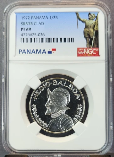 1972 PANAMA SILVER 1/2 BALBOA VASCO NUNEZ DE BALBOA NGC PF 69 HIGH GRADE BEAUTY