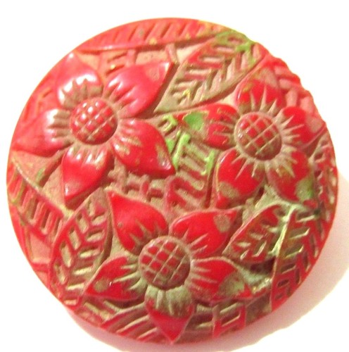 LARGE ETCHED RED AND SAGE GREEN FLORAL FLOWERS BUTTON FOCAL