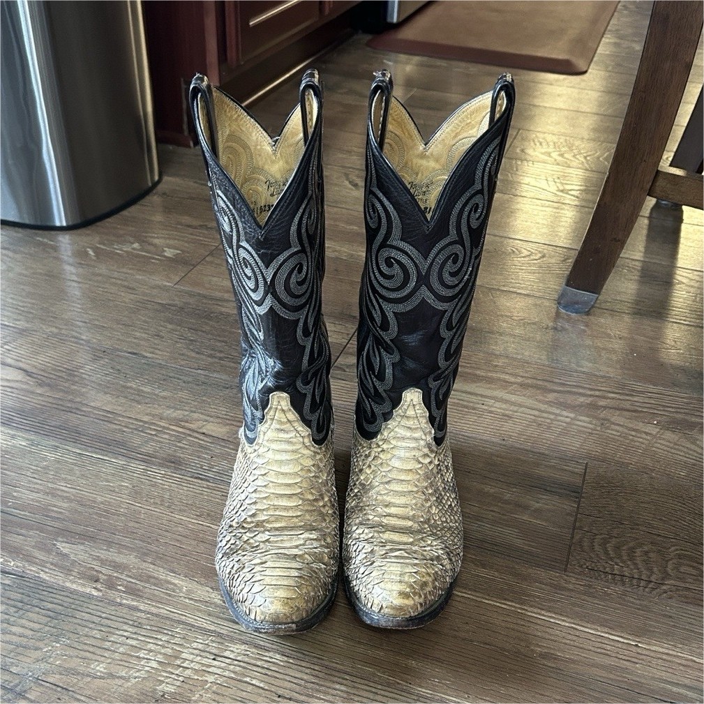 Tony Lama Men's Western Boots Black/Beige Exotic Leather US Size 7