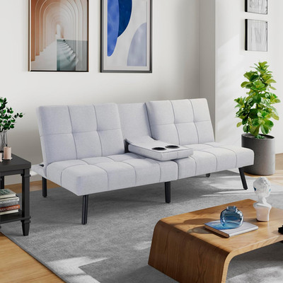 Modern 65'' Convertible Futon Sofa with Cup Holders - Light Gray