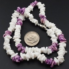White  Purple Puka Shell Necklace 16 inches surfer beach