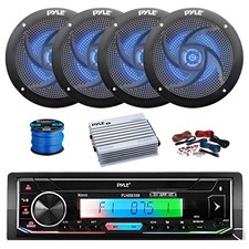 Pyle Single DIN BT Marine Receiver, Amp w/Kit, 4X 6.5" 240W LED Speakers,Wire