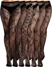 6 Pairs Women Fishnet Thigh High Stockings Waist Tights Bow Patterned lace