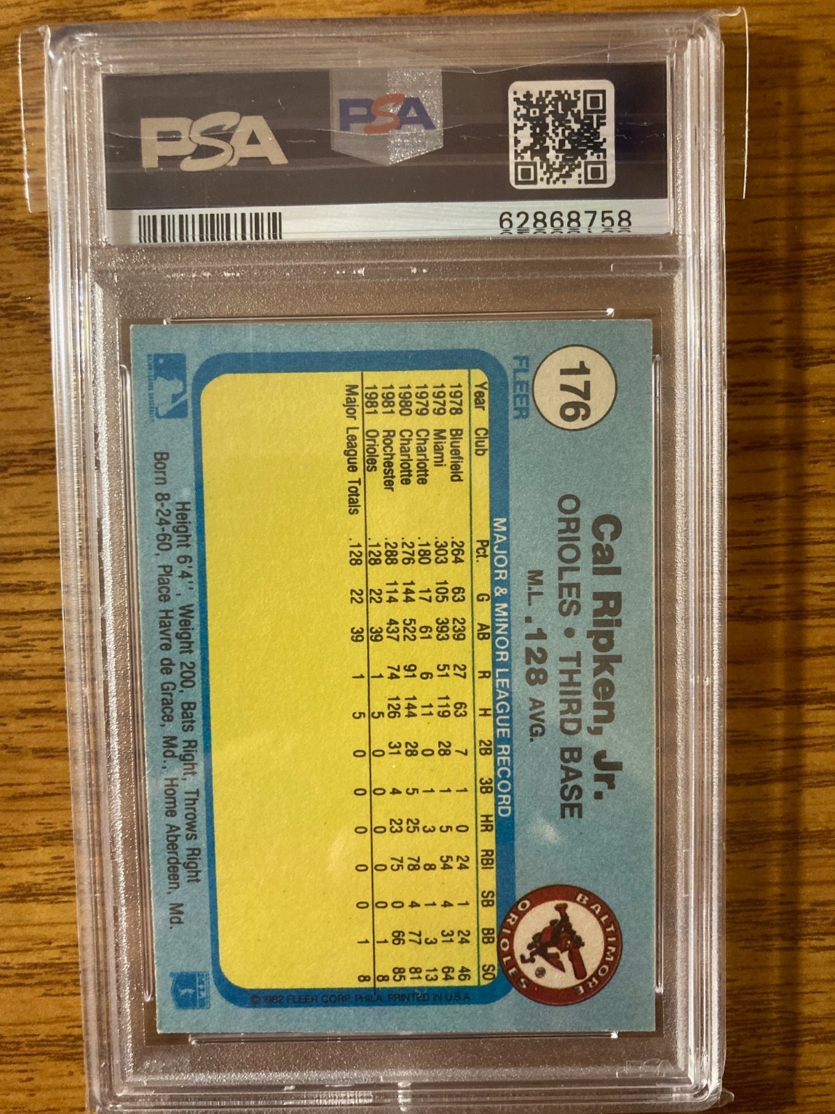 1982 FLEER #176 CAL RIPKEN JR. ROOKIE RC PSA 6 view 2
