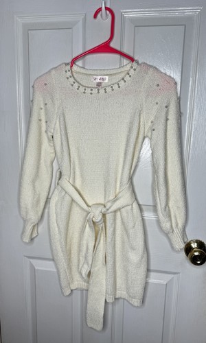 Say What Sweater Dress Girls Size Large 14 Ivory Pearl Long Sleeve Belt