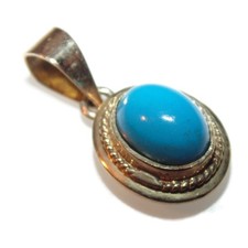 Vintage Estate Oval Blue Persian Turquoise 14K Yellow Gold Pendant Jewelry