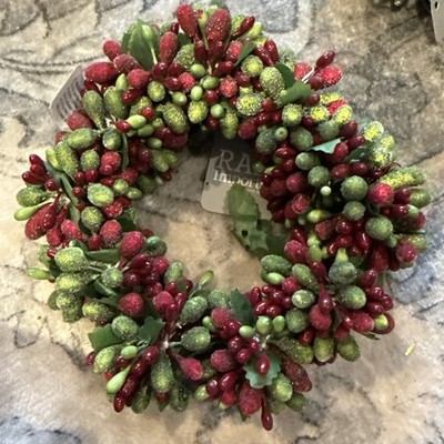 Raz Imports Red and Green Beaded Berr Mini Wreath Candle Ring 6.5 Inch Plus 1