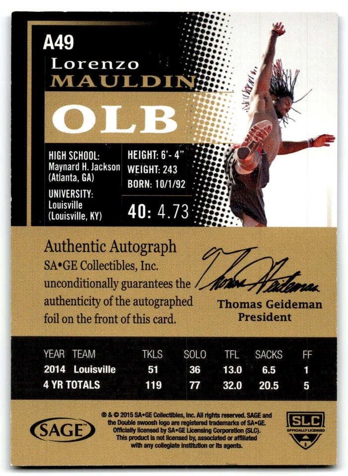 2015 SAGE HIT #A49 Lorenzo Mauldin Autographs Black Louisville Cardinals Auto - Image 2 of 2