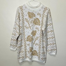 White and Metallic Gold Roses Vintage 80s Oversize Mockneck Sweater
