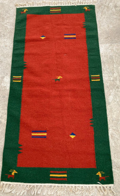 Vintage Traditionell Handgefertigt Gabbeh Geometrisch Flachgewebe Kelim Teppich 140x70 cm