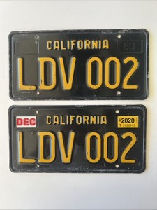 1963 California Black License Plate Pair LDV 002 Original DMV YOM Style