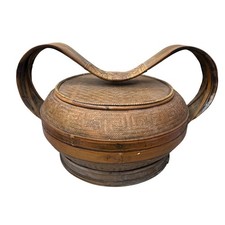 Antique Handwoven Asian Basket Bent Wide Handle Lid Bamboo Wood Wedding Food 19"
