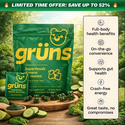 Gruns Low Sugar - SuperFoods Greens Gummies, Sweet Taste -  28 Pack