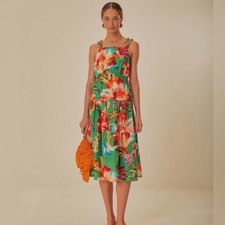 Farm Rio Green Tropicart Midi Dress Tropical Floral Print Braided Straps Large