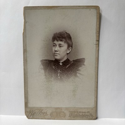 Vintage Cabinet Card Photo Beautiful Woman Gem Necklace Walkers Phila PA