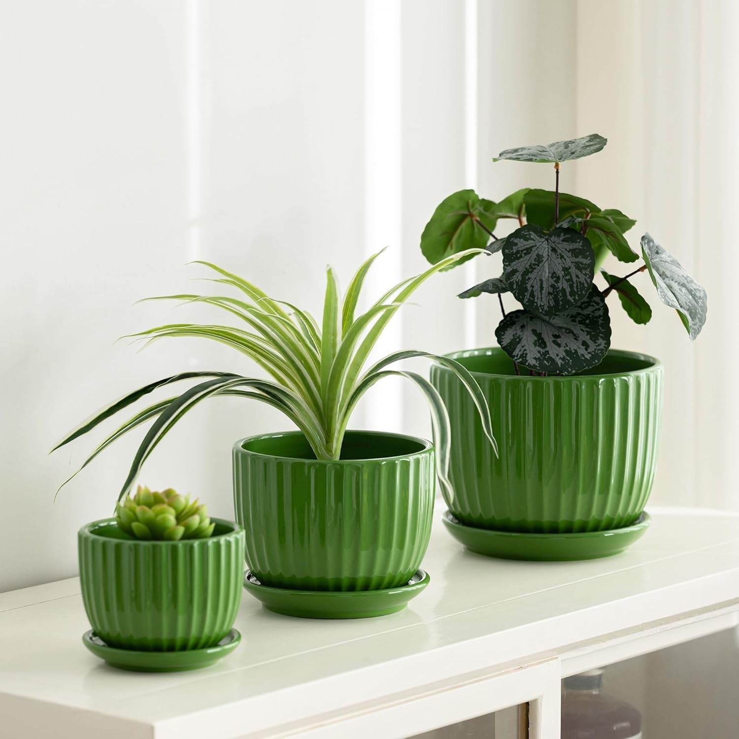 Ceramic Plant Pots,4"+5"+6" Inch,Green Flower Pots with Drainage Holes and Tray,