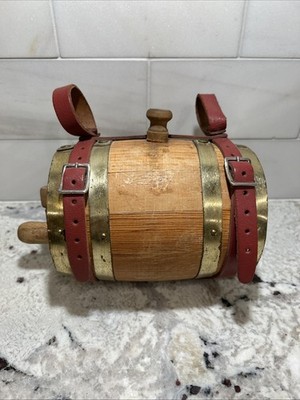 Vintage Wood Whiskey Barrel St Bernard Dog Rescue With Red Leather Straps