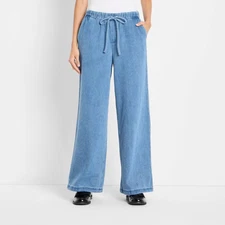 Women's Mid-Rise Wide Leg Denim Drawstring Pull-On Pants - Future