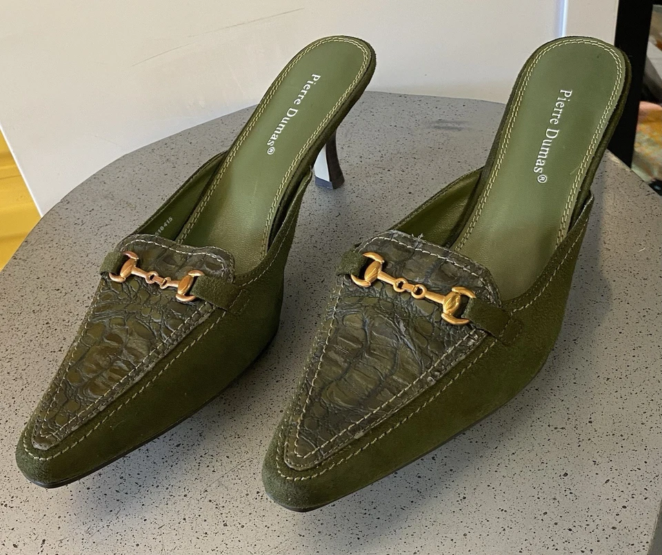 PIERRE DUMAS Kitten Heel Mule Croc Embossed Suede Deep Green Gold Buckle Sz. 11M - Image 3 of 4