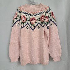 Vtg Venezia Sportswear Sz 14/16 Pink Floral Cottagecore Ramie Blend Knit Sweater