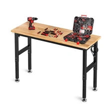 TLGREEN 60" Adjustable Work Bench with Power Outlet, Rubber Wood Top Work Tab...