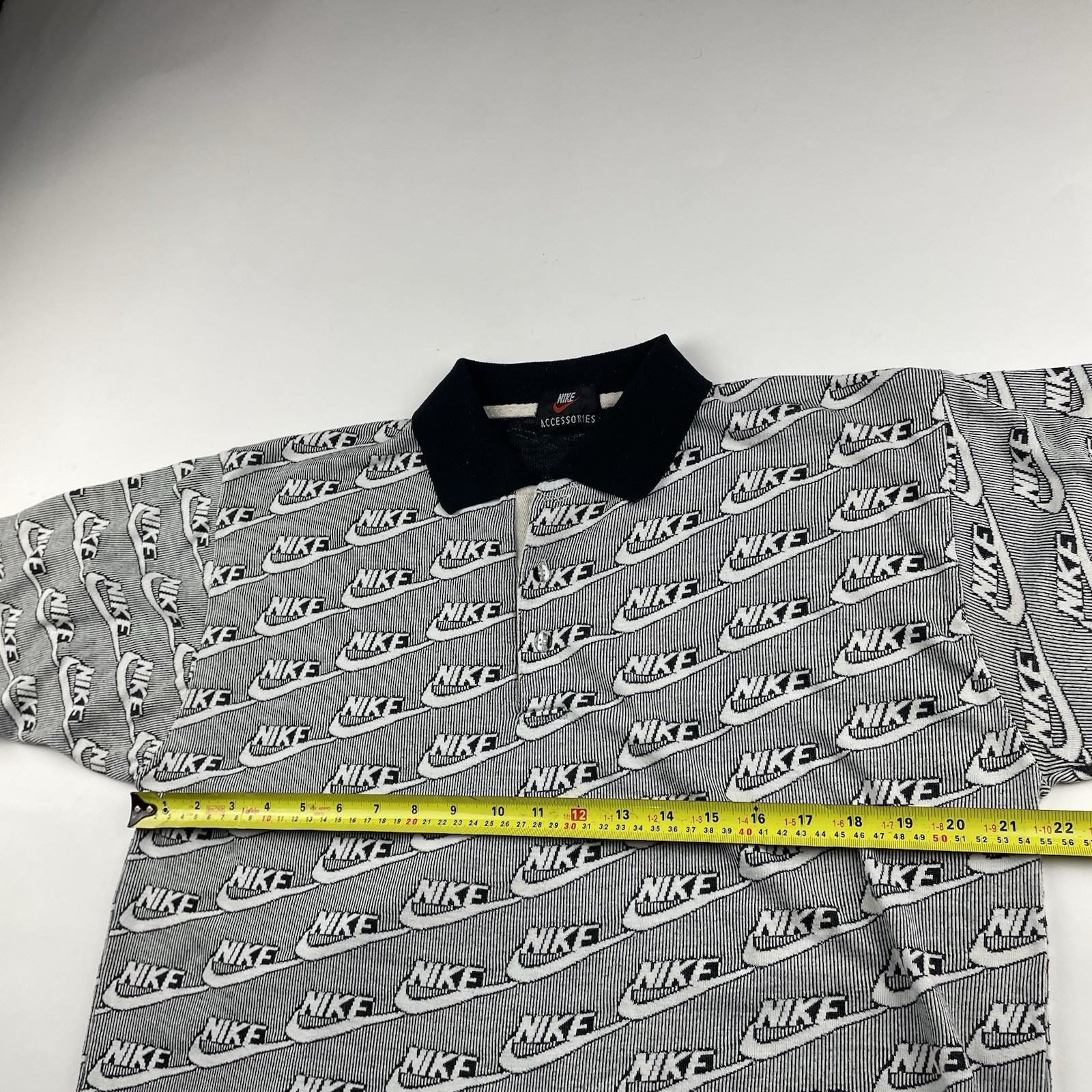 VTG 90s Nike Bootleg AOP Polo Shirt Fits Mens L Black White Monogram Logo EUC image 4