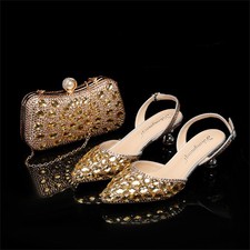 Womens Rhinestone Wedding Shoes Pumps with Rhinestone Bag Evening Prom Heels