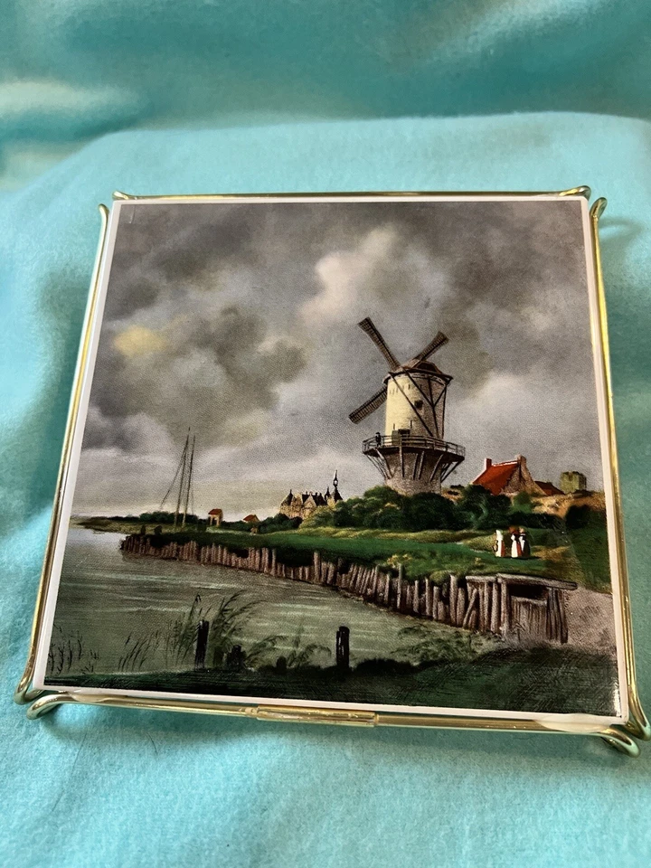 Ветряная мельница береговая линия 17 века 6 x 6 дюймов декоративная плитка/металлическая накидка ручной росписи - Изображение 2 из 4