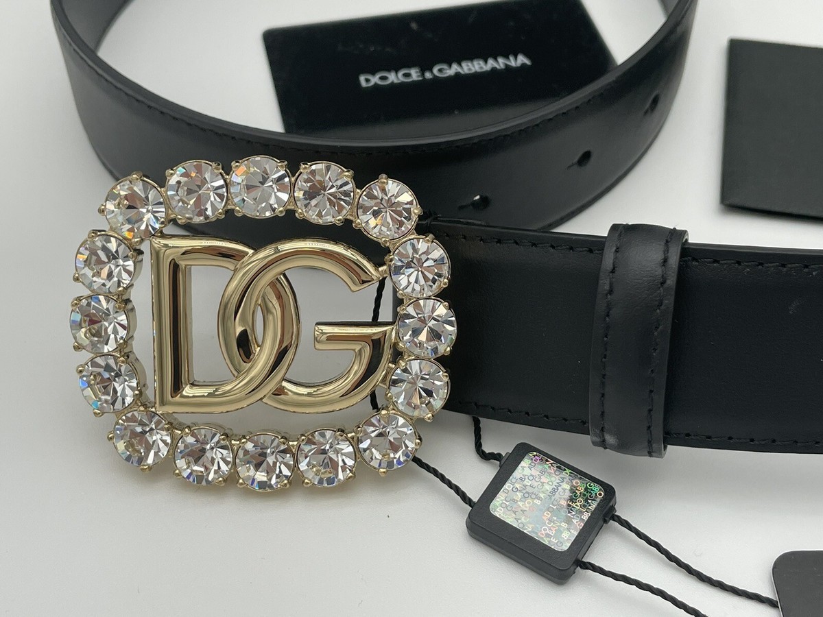 $900 NEW DOLCE & GABBANA CRYSTAL LOGO DG BLACK LEATHER BELT
