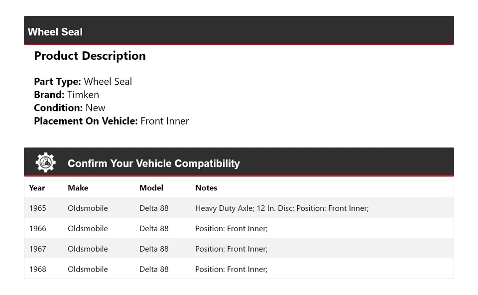 Sello de rueda interior delantero Timken 1966 1967 para Oldsmobile Delta 88 1965-1968 Foto 2 de 4