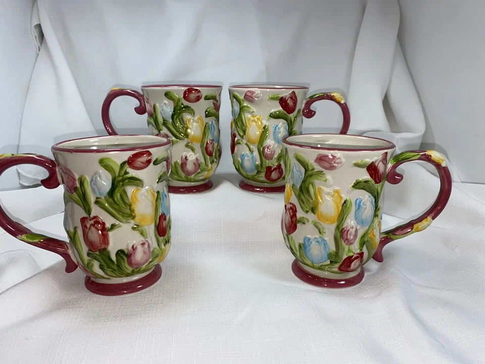 Temp-tations by Tara "Flora figurativa" tazas de tulipán tema primavera usado conjunto de 4 Foto 3 de 4