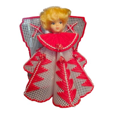 Vtg Christmas  Angel Handmade Blonde Doll Head 8.25''Plastic Canvas Holiday Decor