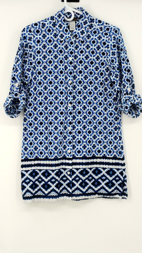 NEW Tommy Bahama Blue White Shibori Plunge Boyfriend Shirt Tunic Roll Tab Medium - Picture 19 of 22