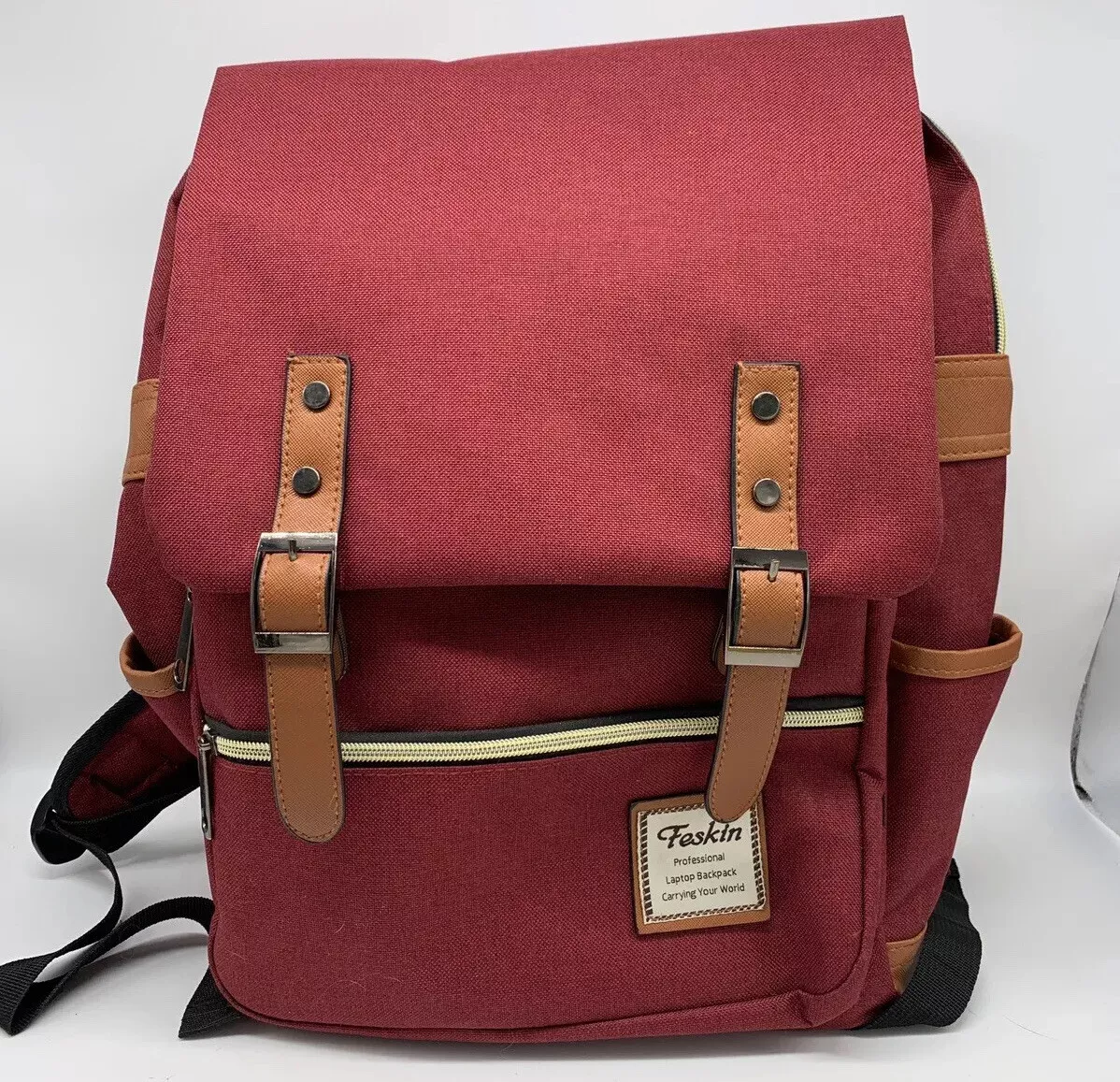 Feskin Professional Laptop Backpack 15.6 Durable Casual Lightweight Wine Straps